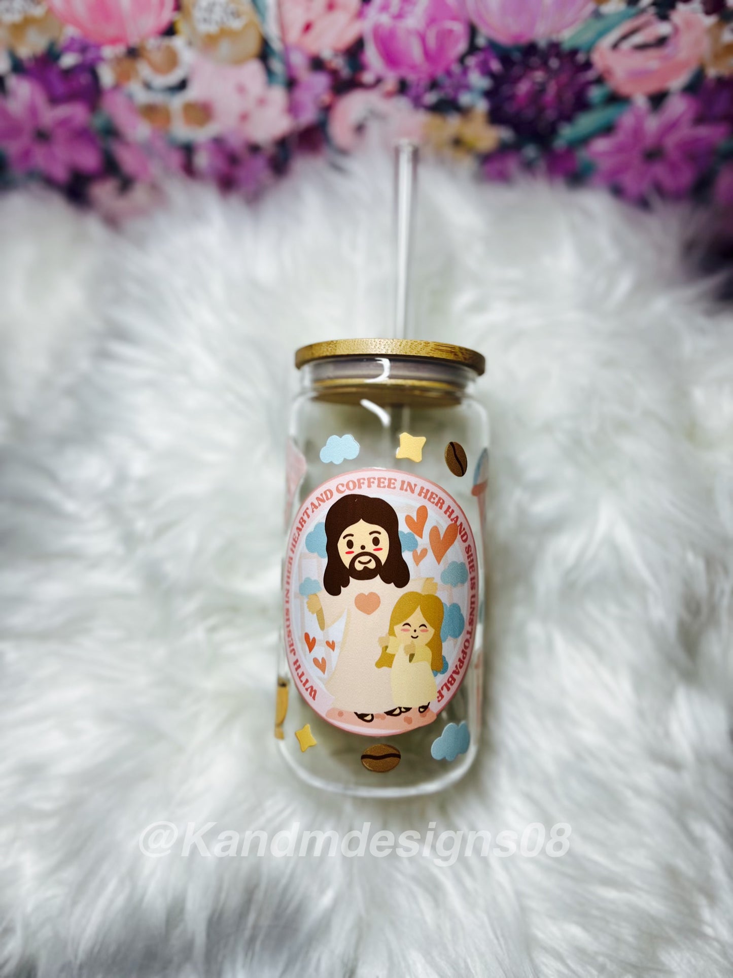 With Jesus and Coffee (Characters) Glass Cup